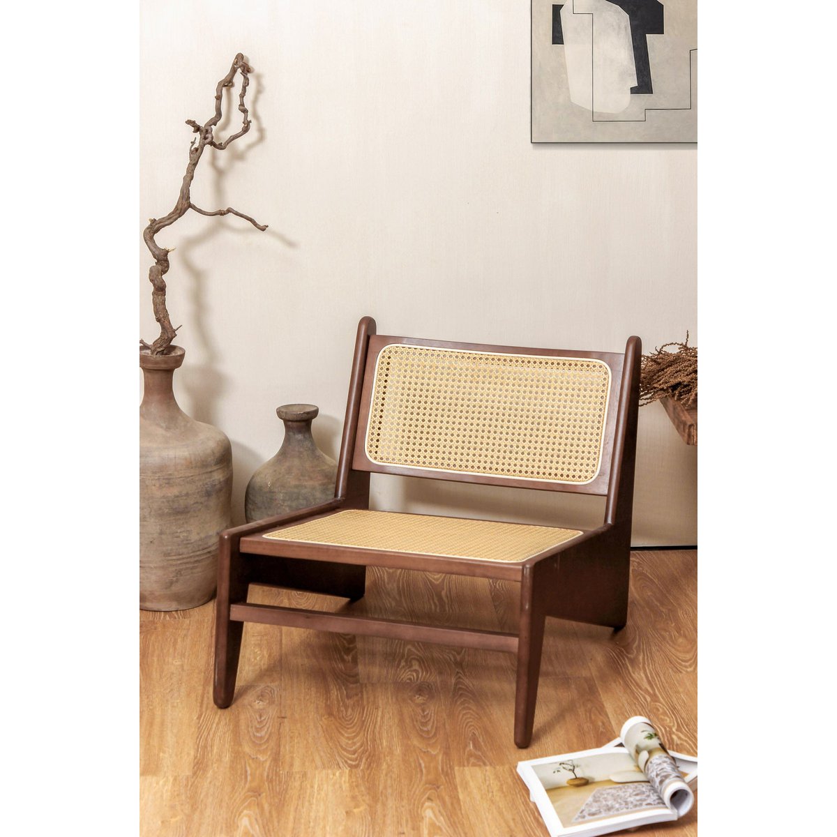 Designer-Sitz aus Rattan und Holz – Fauteuil – Känguru – Japandi-Stil - Yucca Deko