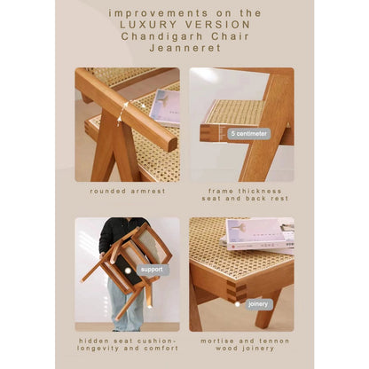 Luxus -Designstuhl Pierre Jeanneret: Breitholz, Walnussfarbe + Rattan, höchste Qualität - Yucca Deko