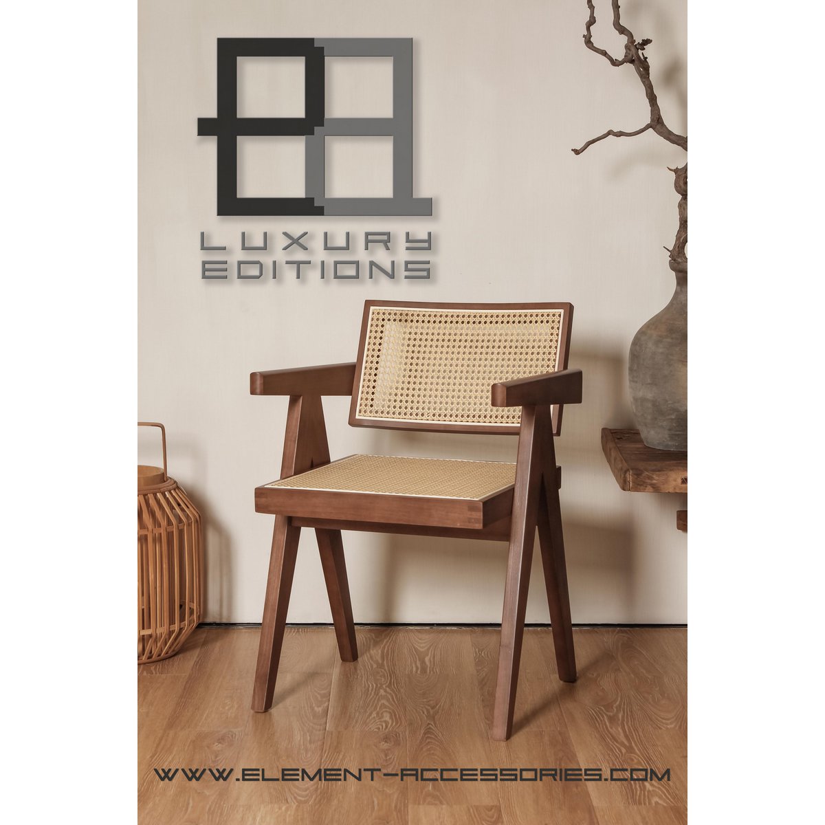 Luxusholz- und Rattan -Stühle Walnussfarbe - Pierre Jeanneret - Chandigarh - Yucca Deko